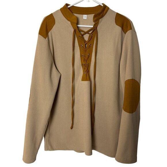 Vintage Beige & Brown Long Sleeve Lace-Up Shirt Medium - Picture 5 of 5